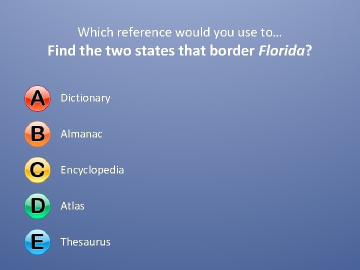 Which reference would you use to… Find the two states that border Florida? Dictionary Which reference would you use to… Find the two states that border Florida? Dictionary