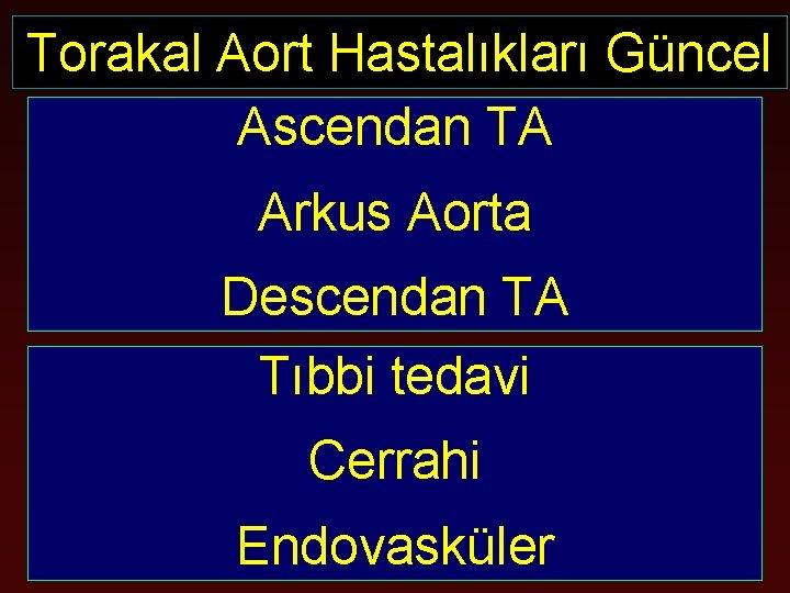 Torakal Aort Hastalıkları Güncel Ascendan TA Arkus Aorta Descendan TA Tıbbi tedavi Cerrahi Endovasküler