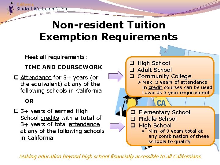 California Student Aid Commission Non-resident Tuition Exemption Requirements Meet all requirements: TIME AND COURSEWORK