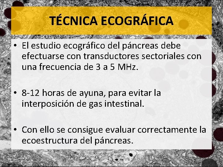 TÉCNICA ECOGRÁFICA • El estudio ecográfico del páncreas debe efectuarse con transductores sectoriales con