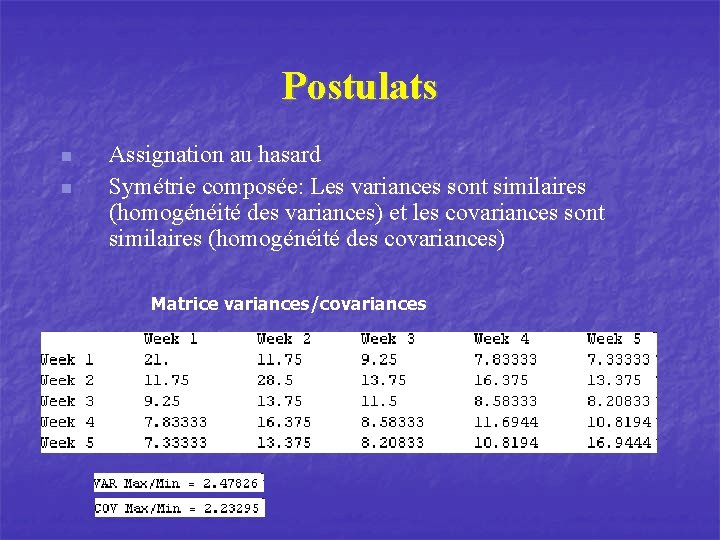 Postulats n n Assignation au hasard Symétrie composée: Les variances sont similaires (homogénéité des