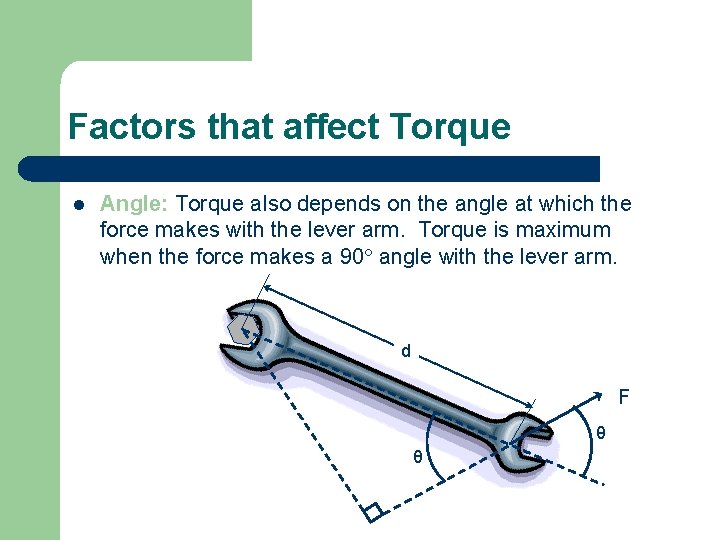 Factors that affect Torque Angle: Torque also depends on the angle at which the