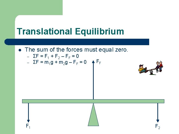 Translational Equilibrium l The sum of the forces must equal zero. – – F