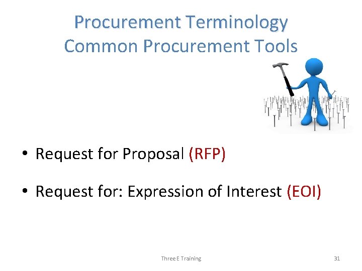 Procurement Terminology Common Procurement Tools • Request for Proposal (RFP) • Request for: Expression