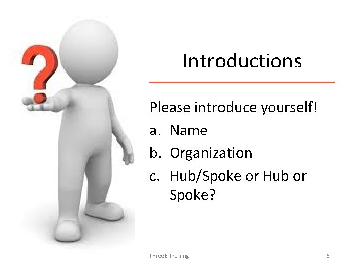 Introductions Please introduce yourself! a. Name b. Organization c. Hub/Spoke or Hub or Spoke?