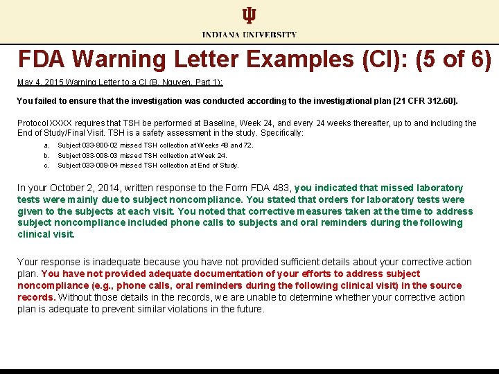 FDA Warning Letter Examples (CI): (5 of 6) May 4, 2015 Warning Letter to