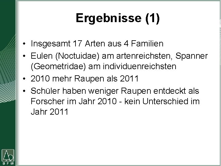 Ergebnisse (1) • Insgesamt 17 Arten aus 4 Familien • Eulen (Noctuidae) am artenreichsten,