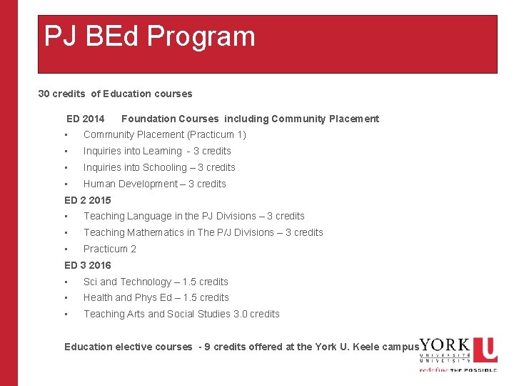 PJ BEd Program 30 credits of Education courses ED 2014 Foundation Courses including Community