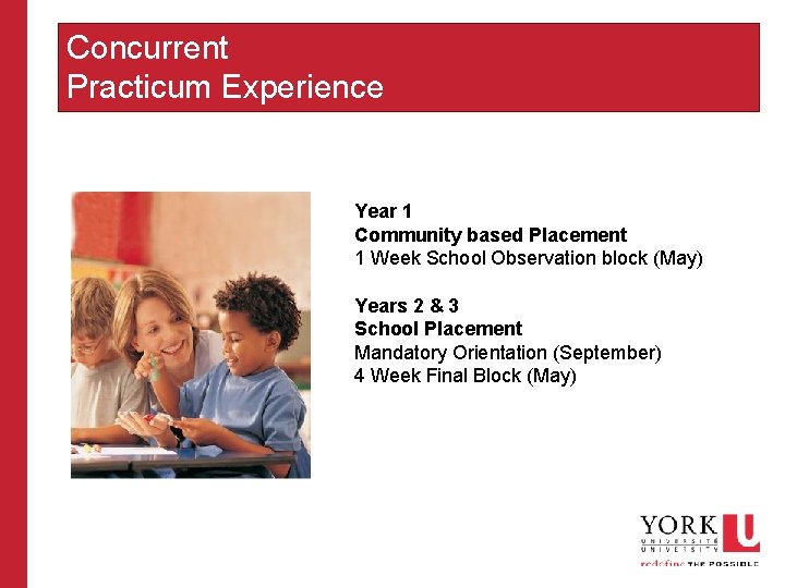 Concurrent Practicum Experience Year 1 Community based Placement 1 Week School Observation block (May)