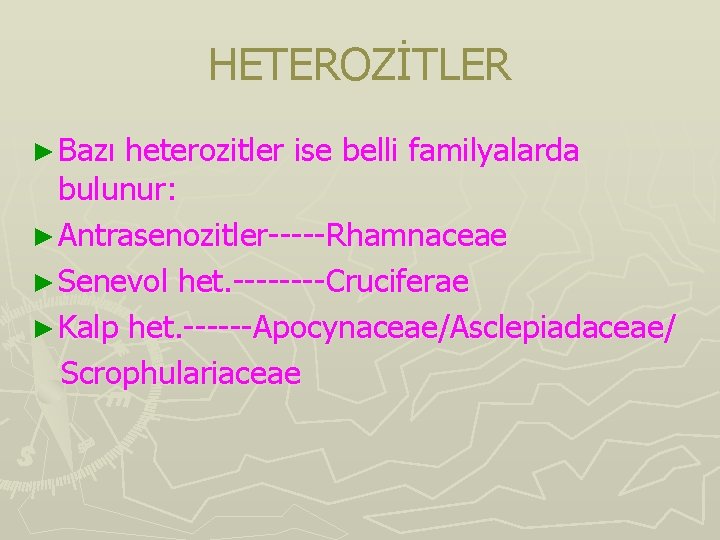 HETEROZİTLER ► Bazı heterozitler ise belli familyalarda bulunur: ► Antrasenozitler-----Rhamnaceae ► Senevol het. ----Cruciferae