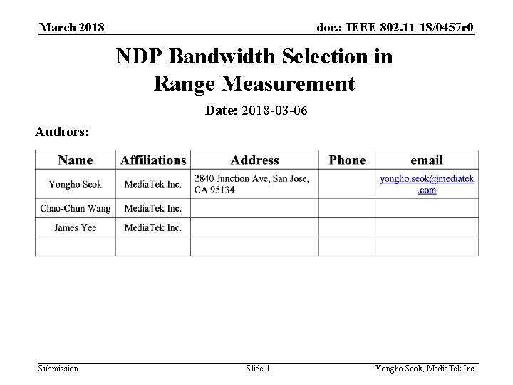 March 2018 doc. : IEEE 802. 11 -18/0457 r 0 NDP Bandwidth Selection in March 2018 doc. : IEEE 802. 11 -18/0457 r 0 NDP Bandwidth Selection in