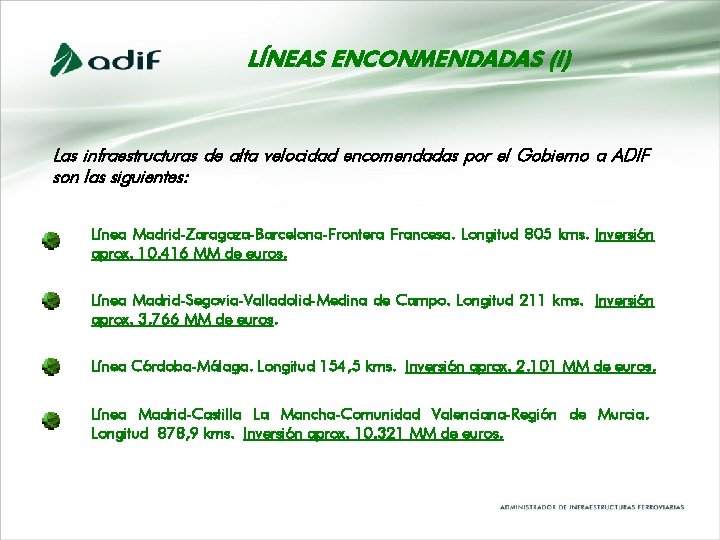 LÍNEAS ENCONMENDADAS (I) Las infraestructuras de alta velocidad encomendadas por el Gobierno a ADIF LÍNEAS ENCONMENDADAS (I) Las infraestructuras de alta velocidad encomendadas por el Gobierno a ADIF