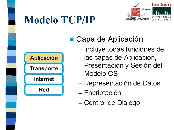 Modelo TCP/IP n Capa de Aplicación – Incluye todas funciones de las capas de
