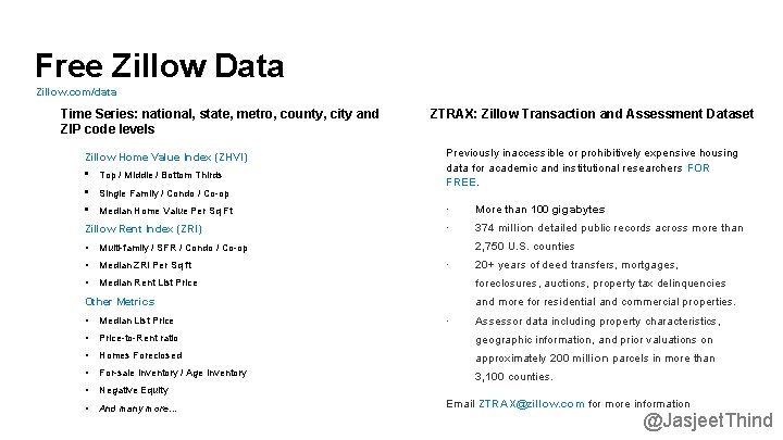 Free Zillow Data Zillow. com/data Time Series: national, state, metro, county, city and ZIP