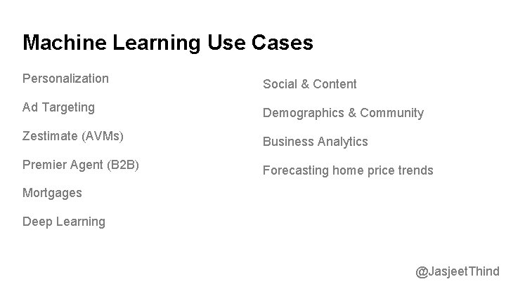 Machine Learning Use Cases Personalization Social & Content Ad Targeting Demographics & Community Zestimate