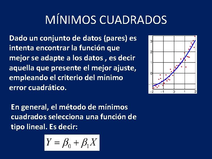 MÍNIMOS CUADRADOS Dado un conjunto de datos (pares) es intenta encontrar la función que