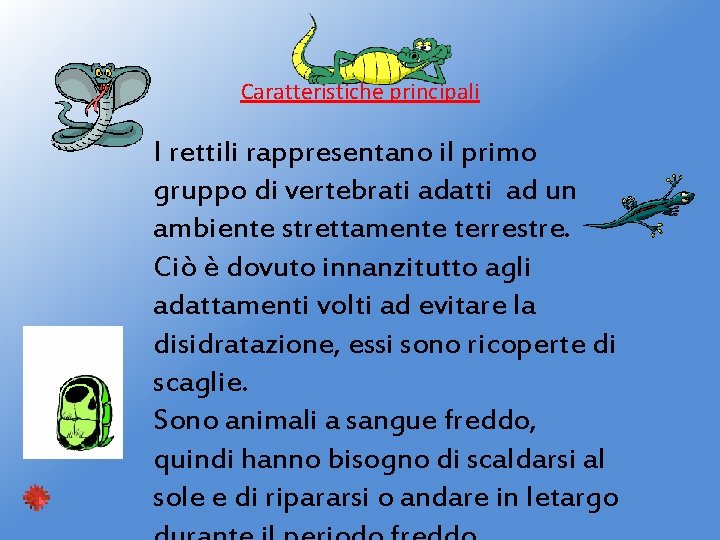 Caratteristiche principali I rettili rappresentano il primo gruppo di vertebrati adatti ad un ambiente