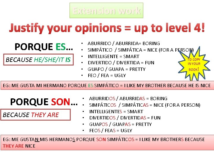 Extension work Justify your opinions = up to level 4! PORQUE ES… BECAUSE HE/SHE/IT