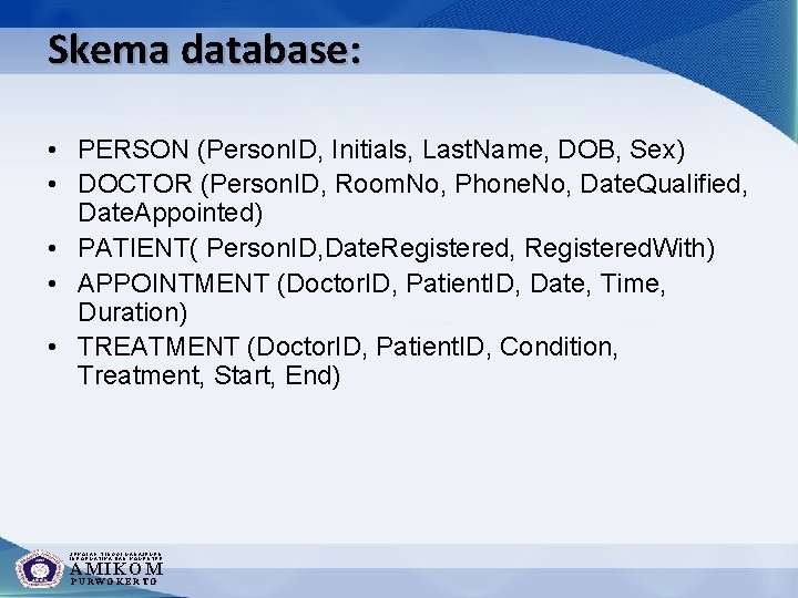 Skema database: • PERSON (Person. ID, Initials, Last. Name, DOB, Sex) • DOCTOR (Person.