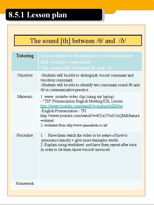 8. 5. 1 Lesson plan The sound [th] between /θ/ and /ð/ Tutoring Lesson