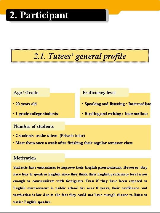 2. Participant 2. 1. Tutees’ general profile Age / Grade Proficiency level • 20