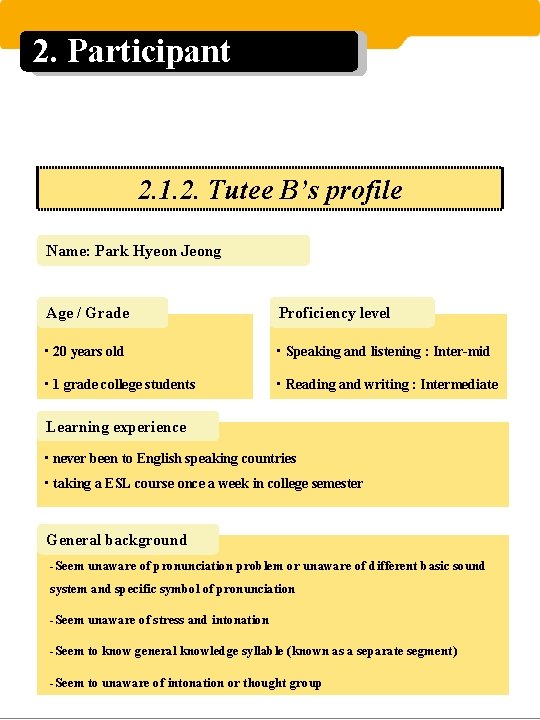 2. Participant 2. 1. 2. Tutee B’s profile Name: Park Hyeon Jeong Age /