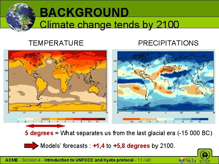 BACKGROUND Climate change tends by 2100 TEMPERATURE PRECIPITATIONS 5 degrees = What separates us