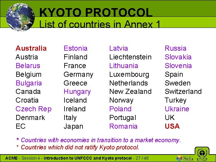 KYOTO PROTOCOL List of countries in Annex 1 Australia Austria Belarus Belgium Bulgaria Canada