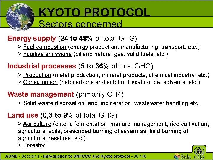 KYOTO PROTOCOL Sectors concerned Energy supply (24 to 48% of total GHG) > Fuel