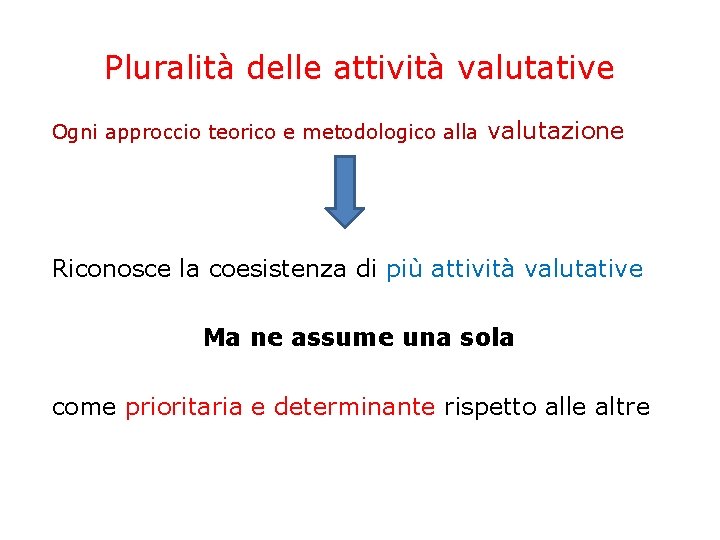 Pluralità delle attività valutative Ogni approccio teorico e metodologico alla valutazione Riconosce la coesistenza Pluralità delle attività valutative Ogni approccio teorico e metodologico alla valutazione Riconosce la coesistenza