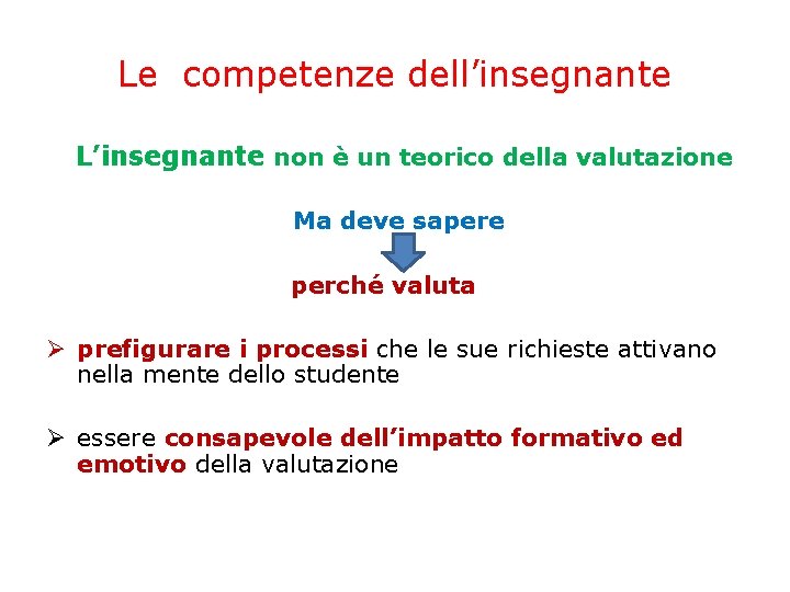 Le competenze dell’insegnante L’insegnante non è un teorico della valutazione Ma deve sapere perché Le competenze dell’insegnante L’insegnante non è un teorico della valutazione Ma deve sapere perché