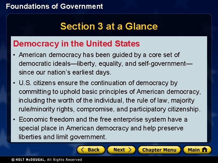 Foundations of Government Section 3 at a Glance Democracy in the United States •