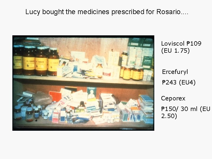 Lucy bought the medicines prescribed for Rosario. . Loviscol ₱ 109 (EU 1. 75)
