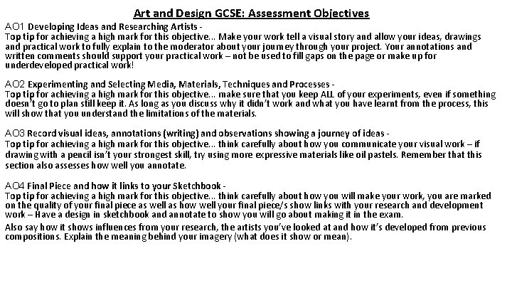 Art and Design GCSE: Assessment Objectives AO 1 Developing Ideas and Researching Artists Top