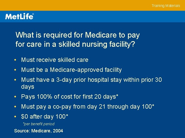 Training Materials What is required for Medicare to pay for care in a skilled