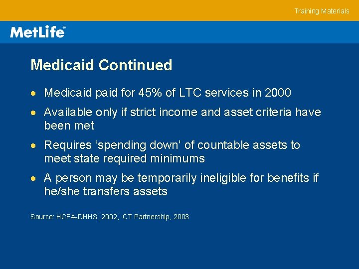 Training Materials Medicaid Continued Medicaid paid for 45% of LTC services in 2000 Available