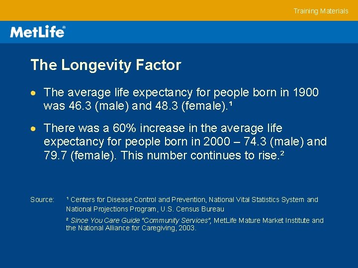 Training Materials The Longevity Factor The average life expectancy for people born in 1900