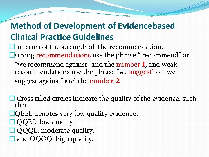 Method of Development of Evidencebased Clinical Practice Guidelines �In terms of the strength of.