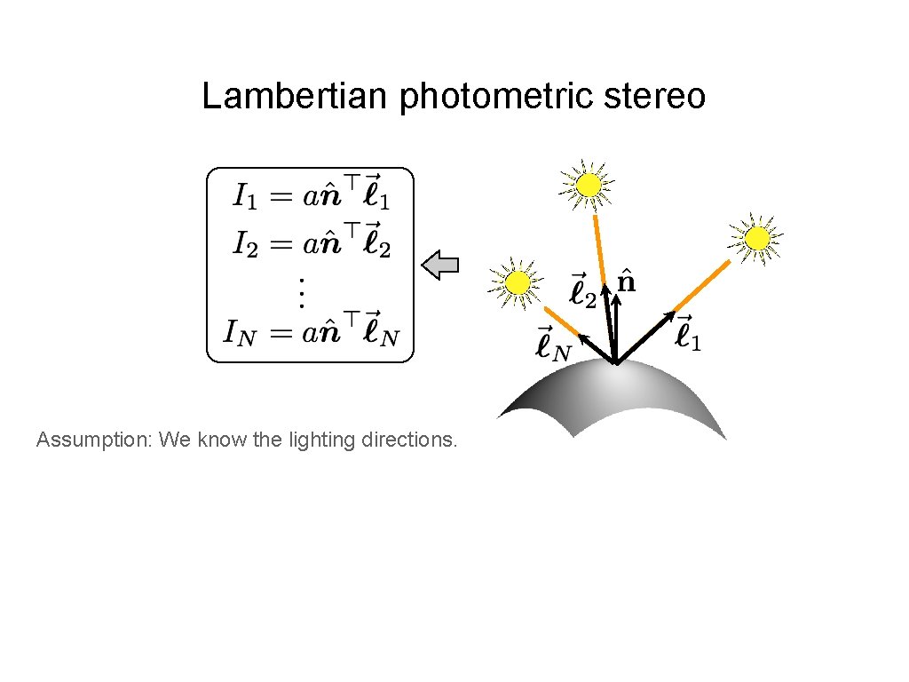 Lambertian photometric stereo Assumption: We know the lighting directions. 