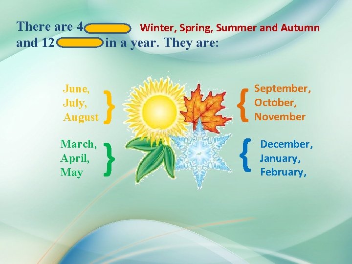 There are 4 seasons Winter, Spring, Summer and Autumn and 12 months in a There are 4 seasons Winter, Spring, Summer and Autumn and 12 months in a