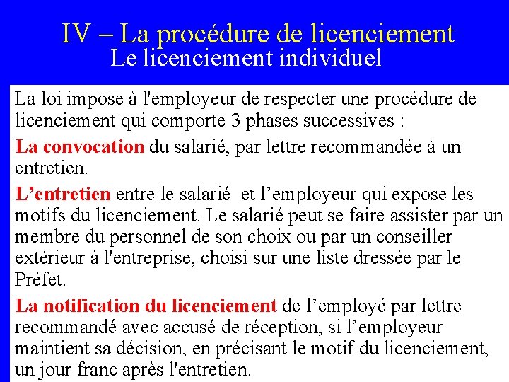 IV – La procédure de licenciement Le licenciement individuel La loi impose à l'employeur