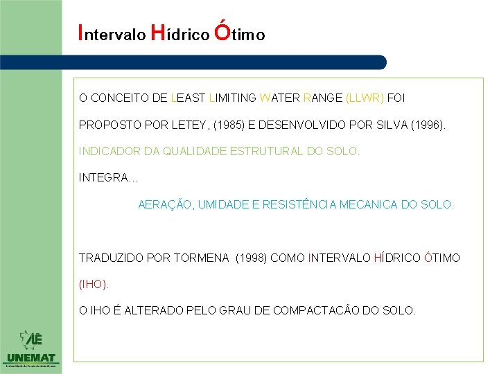 Intervalo Hídrico Ótimo O CONCEITO DE LEAST LIMITING WATER RANGE (LLWR) FOI PROPOSTO POR