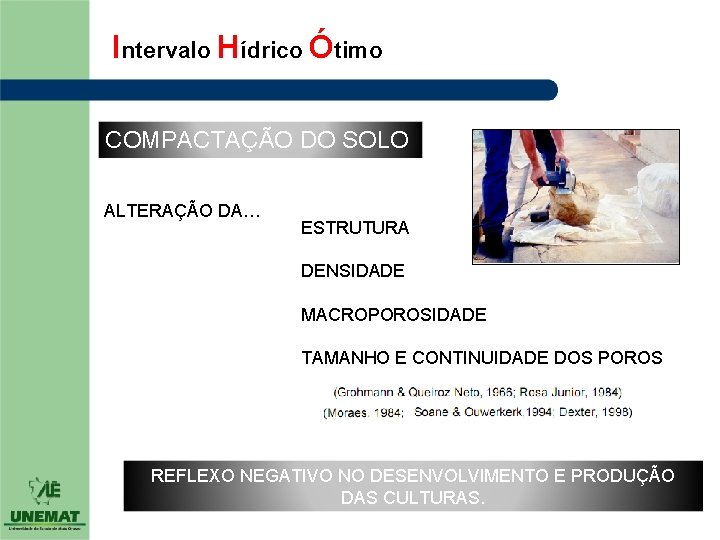 Intervalo Hídrico Ótimo COMPACTAÇÃO DO SOLO ALTERAÇÃO DA… ESTRUTURA DENSIDADE MACROPOROSIDADE TAMANHO E CONTINUIDADE