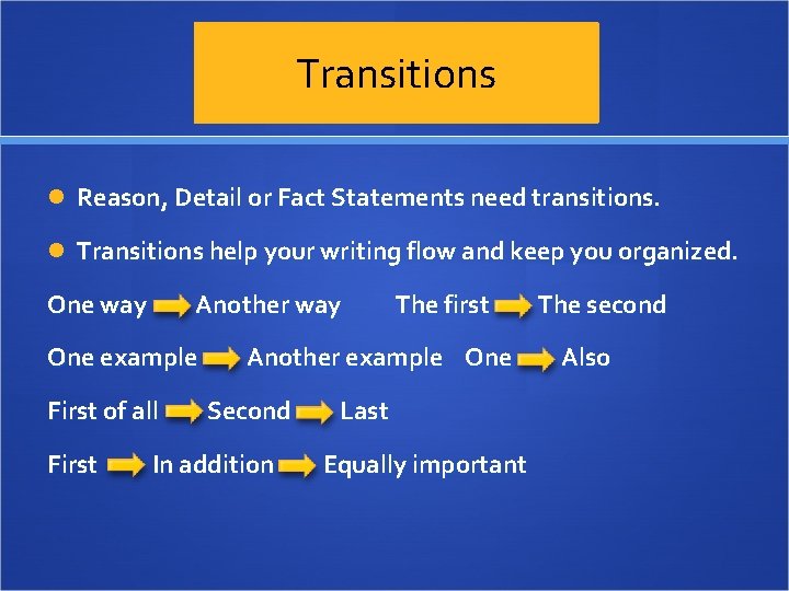 Transitions Reason, Detail or Fact Statements need transitions. Transitions help your writing flow and