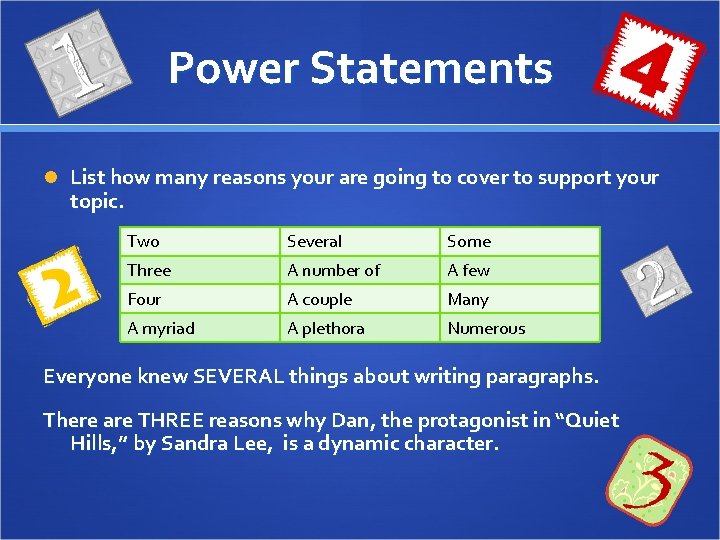 Power Statements List how many reasons your are going to cover to support your