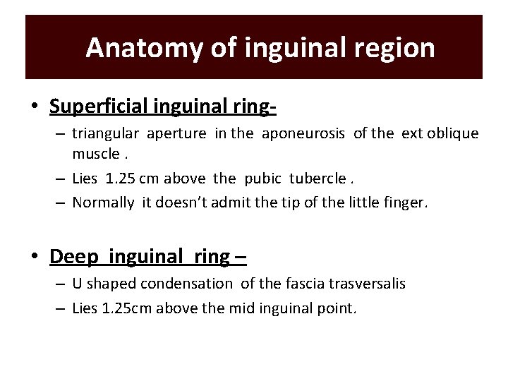 Anatomy of inguinal region • Superficial inguinal ring– triangular aperture in the aponeurosis of