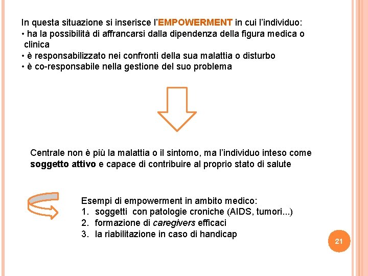 In questa situazione si inserisce l’EMPOWERMENT in cui l’individuo: • ha la possibilità di In questa situazione si inserisce l’EMPOWERMENT in cui l’individuo: • ha la possibilità di