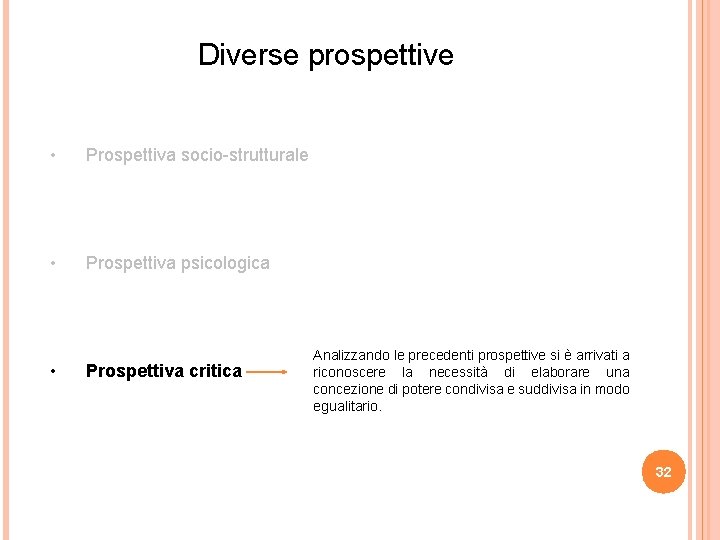 Diverse prospettive • Prospettiva socio-strutturale • Prospettiva psicologica • Prospettiva critica Analizzando le precedenti Diverse prospettive • Prospettiva socio-strutturale • Prospettiva psicologica • Prospettiva critica Analizzando le precedenti