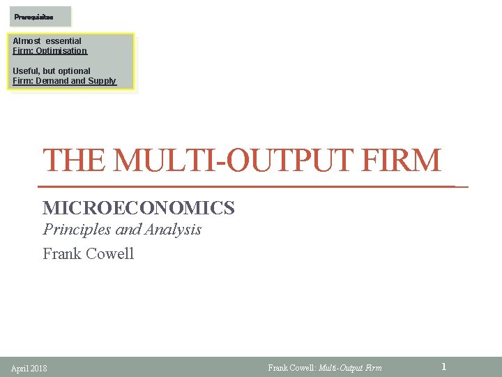 Prerequisites Almost essential Firm: Optimisation Useful, but optional Firm: Demand Supply THE MULTI-OUTPUT FIRM