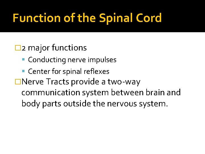 Function of the Spinal Cord � 2 major functions Conducting nerve impulses Center for